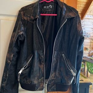 Genuine leather and denim weathered moto jacket